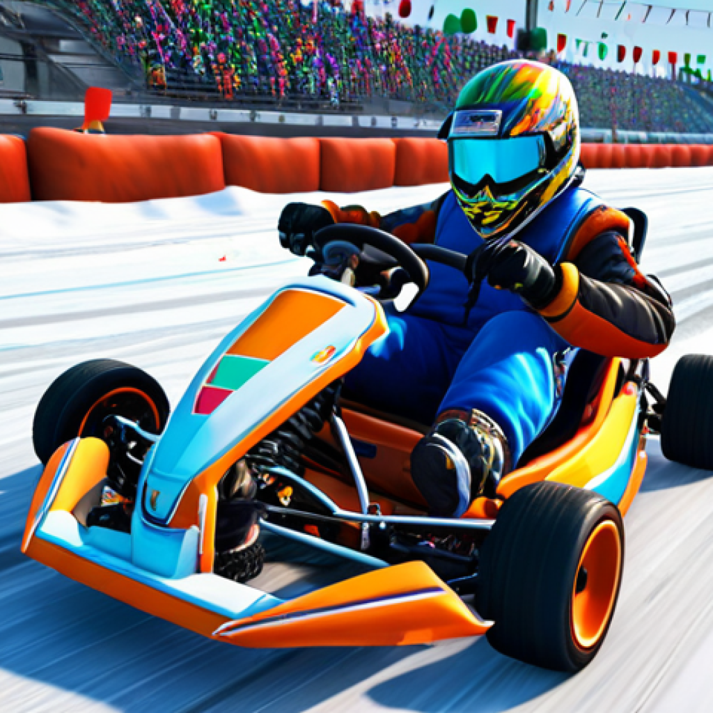 **Prompt:** A vibrant, action-packed scene of a player drifting a colorful kart around a sharp corner on a snowy track in KartRider: Drift, sparks flying, boost lines visible, showcasing skill and control.