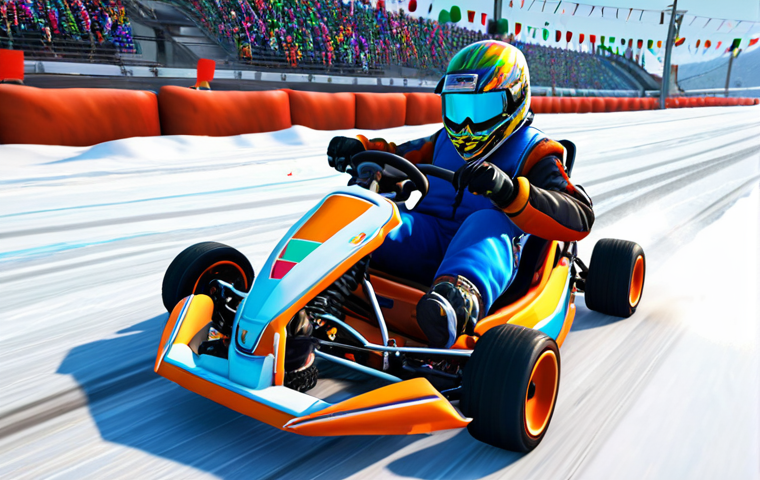 **Prompt:** A vibrant, action-packed scene of a player drifting a colorful kart around a sharp corner on a snowy track in KartRider: Drift, sparks flying, boost lines visible, showcasing skill and control.
