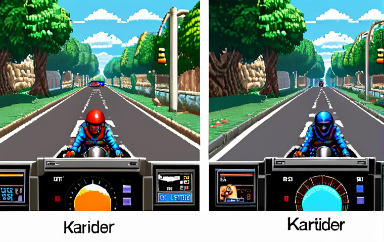 **
A split-screen image. On the left, a nostalgic scene of "Kartrider" on an old computer with pixelated graphics. On the right, the same scene but with modern, detailed graphics, reflecting the updated version. The overall mood is contrasting nostalgia with modernity, capturing the evolution of the game.
**