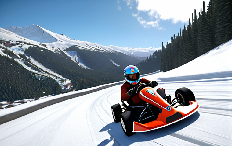 **
"Two karts drifting around a sharp corner on a snowy mountain track in KartRider. One kart is using a shield power-up to protect the other kart in front, exemplifying team protection. Focus on the action and teamwork."
**