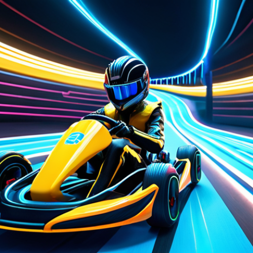Home 23 **Futuristic Kart Racing Scene:** A sleek, aerodynamic KartRider kart, the "Aurora," speeding around a neon-lit, winding track reminiscent of a tropical lagoon at night. The kart showcases dynamic lines and glowing accents. Capture the feeling of speed and agility with motion blur.