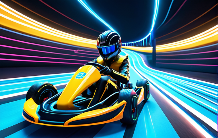 **Futuristic Kart Racing Scene:** A sleek, aerodynamic KartRider kart, the "Aurora," speeding around a neon-lit, winding track reminiscent of a tropical lagoon at night. The kart showcases dynamic lines and glowing accents. Capture the feeling of speed and agility with motion blur.