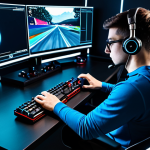 A focused professional esports racing player, fully clothed in a modest, high-performance esports jersey and dark athletic trousers, sits at a sleek, high-tech gaming desk. Multiple monitors display intricate race track layouts with highlighted optimal lines and detailed performance telemetry. The player has a deep, analytical expression, with hands resting on a professional racing wheel controller. The background is a clean, minimalist gaming room with subtle ambient LED lighting, emphasizing concentration. This image is appropriate content, safe for work, perfect anatomy, natural pose, correct proportions, well-formed hands, proper finger count, natural body proportions, professional photography, high quality, sharp focus, vibrant colors.