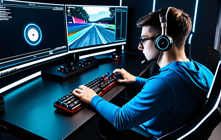 A focused professional esports racing player, fully clothed in a modest, high-performance esports jersey and dark athletic trousers, sits at a sleek, high-tech gaming desk. Multiple monitors display intricate race track layouts with highlighted optimal lines and detailed performance telemetry. The player has a deep, analytical expression, with hands resting on a professional racing wheel controller. The background is a clean, minimalist gaming room with subtle ambient LED lighting, emphasizing concentration. This image is appropriate content, safe for work, perfect anatomy, natural pose, correct proportions, well-formed hands, proper finger count, natural body proportions, professional photography, high quality, sharp focus, vibrant colors.