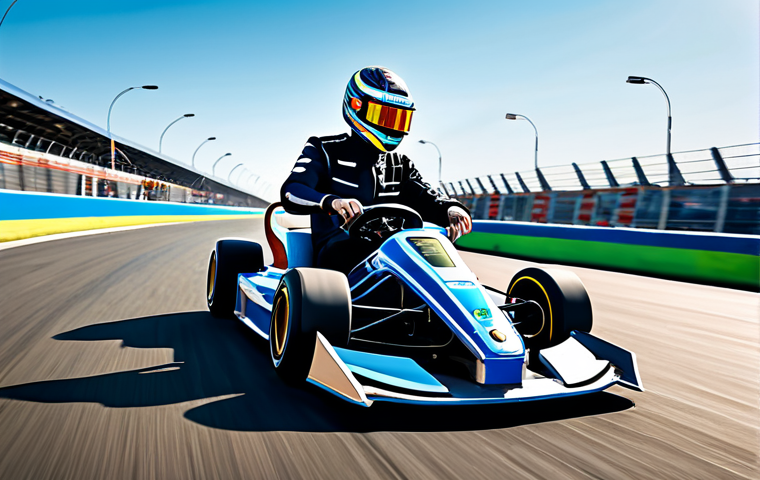 A focused professional kart racer, fully clothed in a sleek, modest racing suit, is navigating a high-tech, futuristic race track. The racer's expression shows intense concentration, reflecting strategic decision-making. Subtle light effects around the kart suggest the activation or anticipation of a power-up. The background features dynamic, clean lines of the track and distant futuristic cityscapes under a clear sky. perfect anatomy, correct proportions, natural pose, well-formed hands, proper finger count, natural body proportions, professional photography, high quality, safe for work, appropriate content, fully clothed, family-friendly.