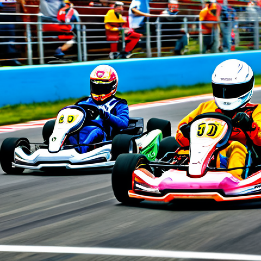 Thrilling Overtake**

"A fully clothed KartRider League racer in a brightly colored kart dramatically overtaking several other racers just before the finish line, dust and speed lines visible, racing stadium background with cheering crowd, appropriate attire, safe for work, perfect anatomy, natural proportions, professional digital art, dynamic action shot, modest clothing."

**