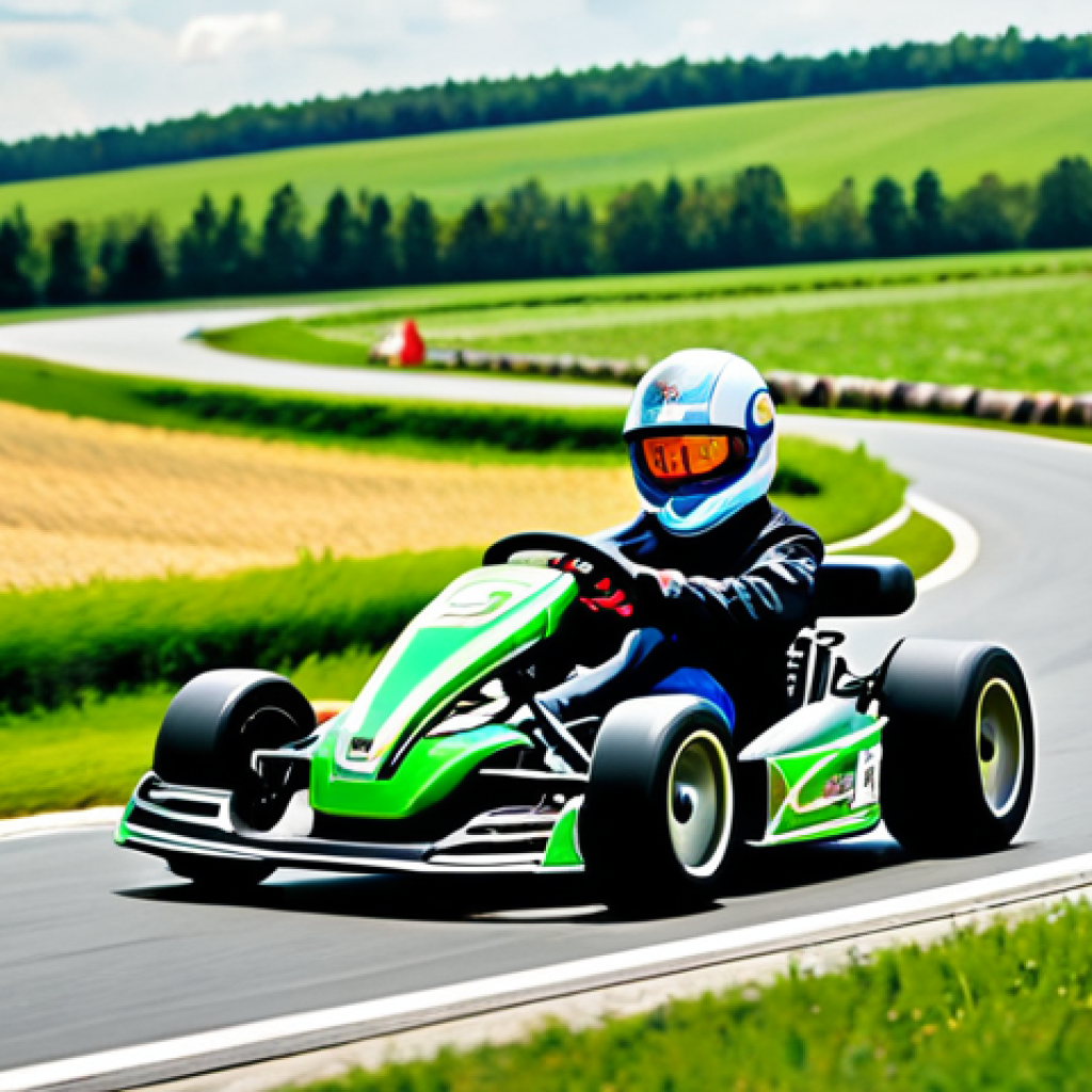 Perfecting the Racing Line**

"A stylized illustration of a go-kart racing through a winding track in the Polish countryside. The kart is perfectly positioned on the apex of a turn, demonstrating an ideal racing line. Lush green fields and charming Polish architecture are visible in the background. The weather is sunny and bright. Focus on precision and control, with visual cues highlighting the optimal path. Safe for work, appropriate content, fully clothed driver, professional illustration, modest design, family-friendly."

**