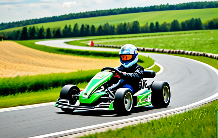 Perfecting the Racing Line**
"A stylized illustration of a go-kart racing through a winding track in the Polish countryside. The kart is perfectly positioned on the apex of a turn, demonstrating an ideal racing line. Lush green fields and charming Polish architecture are visible in the background. The weather is sunny and bright. Focus on precision and control, with visual cues highlighting the optimal path. Safe for work, appropriate content, fully clothed driver, professional illustration, modest design, family-friendly."
**