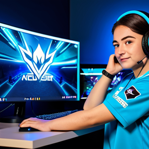 Home 18 **
A professional female gamer in a modern, fully equipped gaming room. She is wearing a modest team jersey and comfortable gaming headphones, fully clothed. The room has multiple monitors displaying the KartRider game, with RGB lighting creating a vibrant atmosphere. Include energy drink cans on the desk and team logos in the background. Safe for work, appropriate content, perfect anatomy, natural proportions, professional esports scene, modest clothing, family-friendly.
**