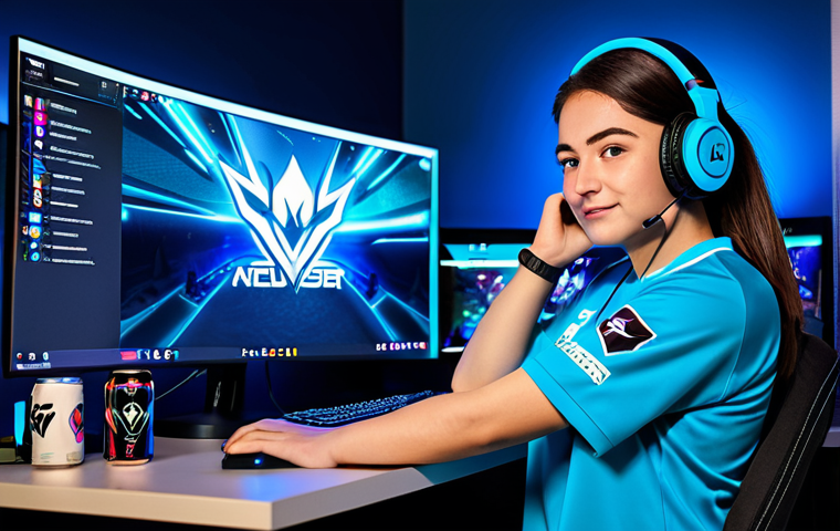 **
A professional female gamer in a modern, fully equipped gaming room. She is wearing a modest team jersey and comfortable gaming headphones, fully clothed. The room has multiple monitors displaying the KartRider game, with RGB lighting creating a vibrant atmosphere. Include energy drink cans on the desk and team logos in the background. Safe for work, appropriate content, perfect anatomy, natural proportions, professional esports scene, modest clothing, family-friendly.
**