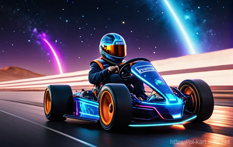 카트라이더 신규 트랙 리뷰 - **Prompt:** A vibrant, futuristic gokart races at high speed through the "Starry Nebula" section of ...