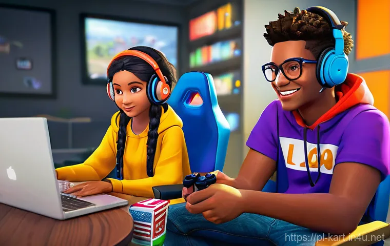 카트라이더 신규 유저 적응 시간 - **Prompt:** A visually engaging scene featuring a diverse group of four young, stylized go-kart race...