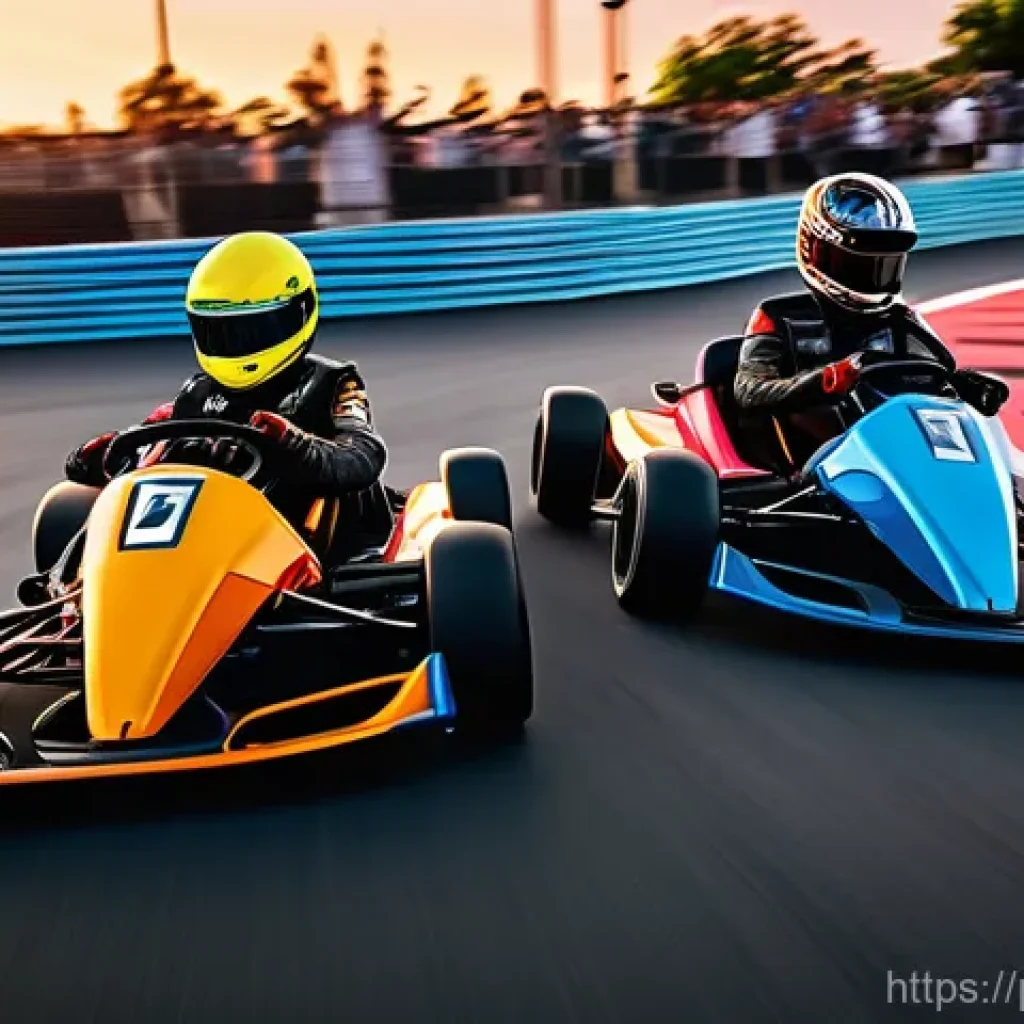 카트라이더 신규 기능 가이드 - **Prompt:** A dynamic, high-angle shot of three diverse, highly customized racing karts in a vibrant...