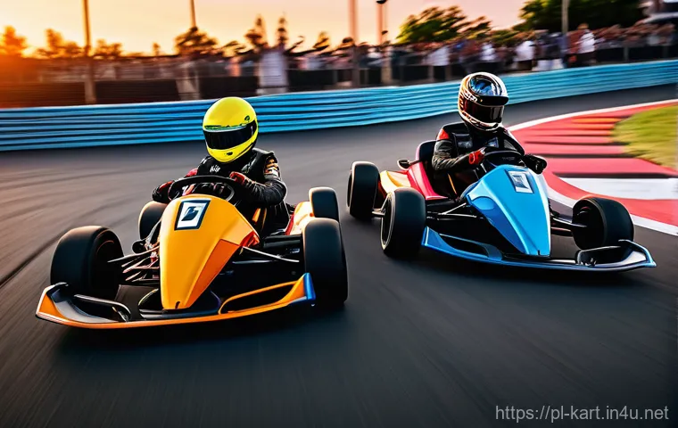 카트라이더 신규 기능 가이드 - **Prompt:** A dynamic, high-angle shot of three diverse, highly customized racing karts in a vibrant...