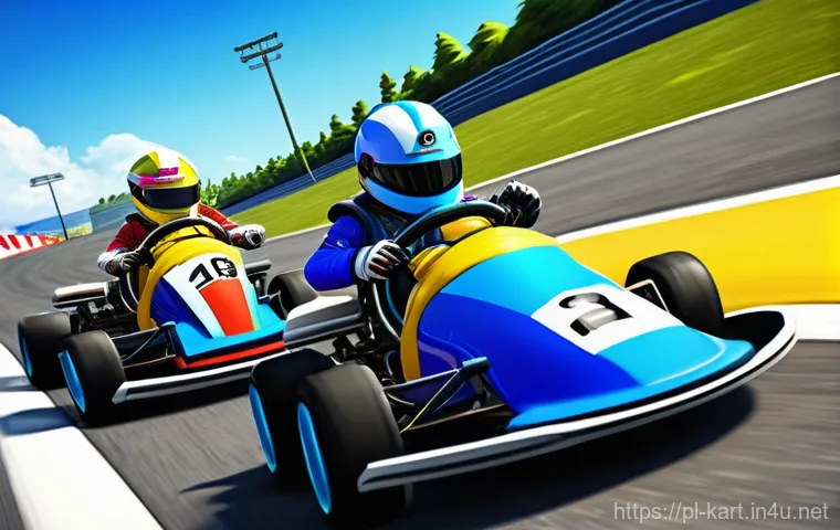카트라이더 신규 기능 가이드 - **Prompt:** A dynamic, high-angle shot of three diverse, highly customized racing karts in a vibrant...