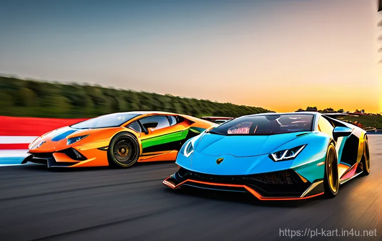 카트라이더 신규 기능 가이드 - **Prompt:** A chaotic and colorful scene from an item race, capturing four distinct characters in th...