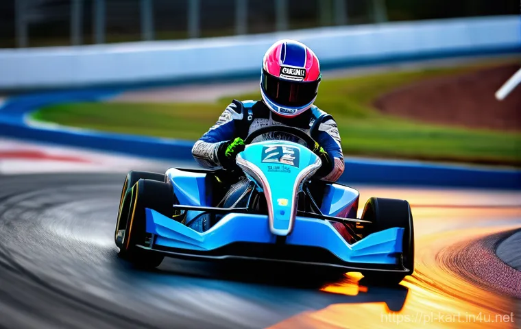 카트라이더 레벨업에 필요한 팁 - **"Mastering the Apex"**: A highly dynamic, wide-angle shot of a single professional racing kart exe...