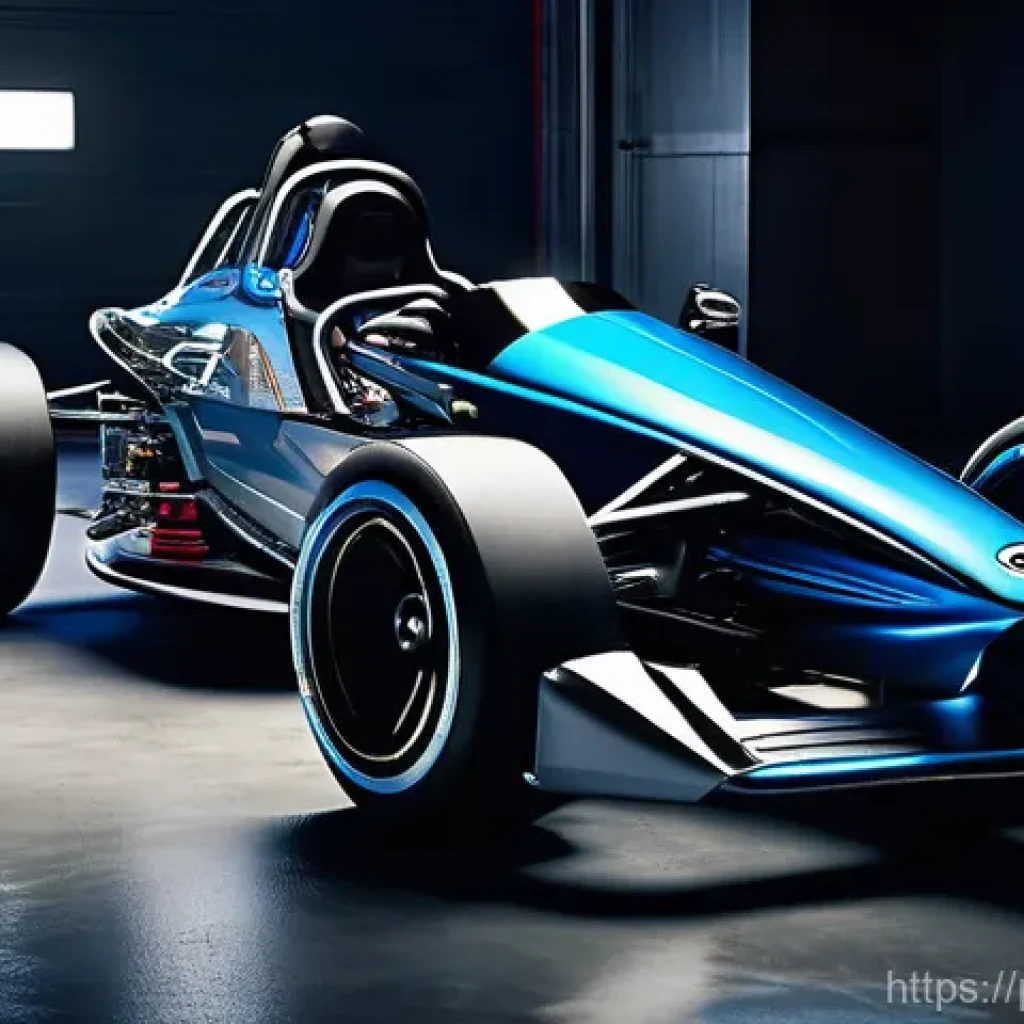 카트라이더 랭킹전 승률 높이기 - A highly customized, futuristic go-kart displayed prominently in a sleek, well-lit racing garage. Th...