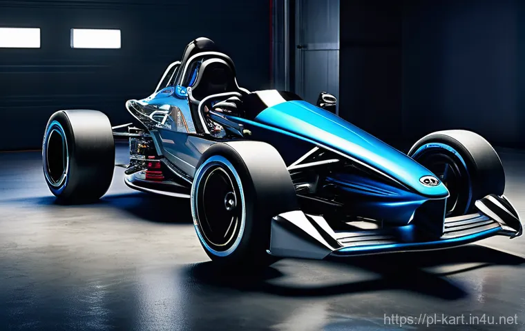 카트라이더 랭킹전 승률 높이기 - A highly customized, futuristic go-kart displayed prominently in a sleek, well-lit racing garage. Th...
