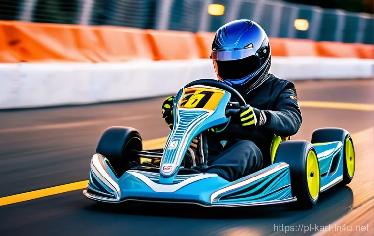 카트라이더 랭킹전 승률 높이기 - A highly customized, futuristic go-kart displayed prominently in a sleek, well-lit racing garage. Th...
