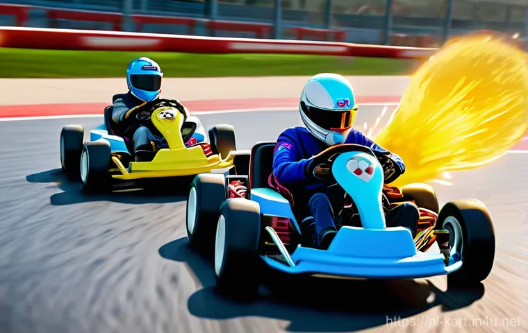 카트라이더 랭킹전 승률 높이기 - A dynamic and intense moment during a high-speed go-kart race on a winding, futuristic urban circuit...