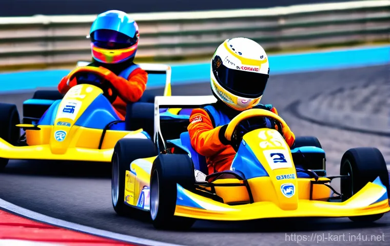 카트라이더 팀원 협력 기술 - **Dynamic In-Race Communication and Teamwork**
    A vibrant, high-energy scene featuring four diver...