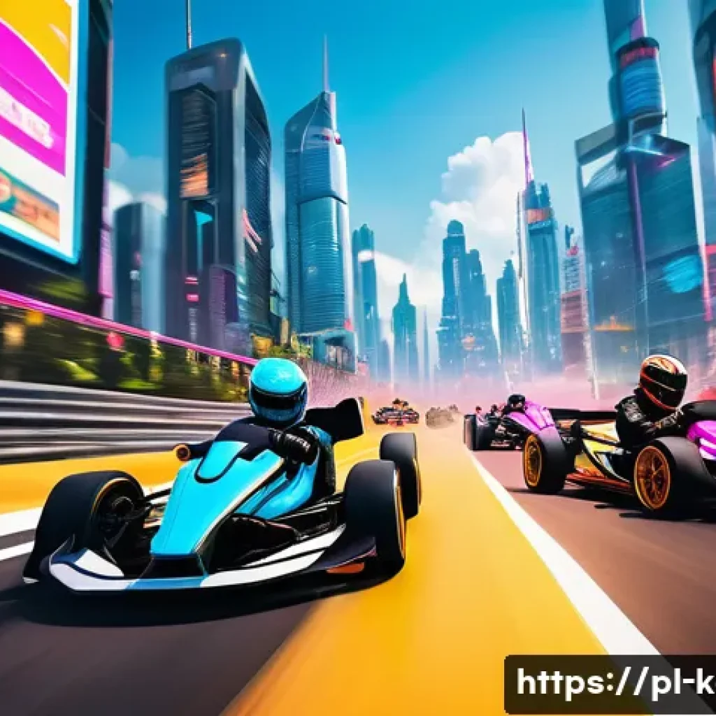 카트라이더 스피드전 팁과 요령 - A group of diverse, animated racers in vibrant, futuristic racing suits and helmets, fiercely drivin...