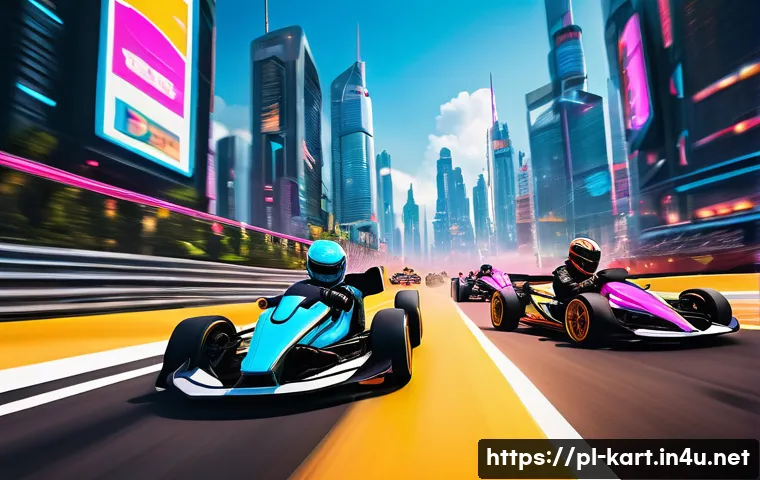 카트라이더 스피드전 팁과 요령 - A group of diverse, animated racers in vibrant, futuristic racing suits and helmets, fiercely drivin...