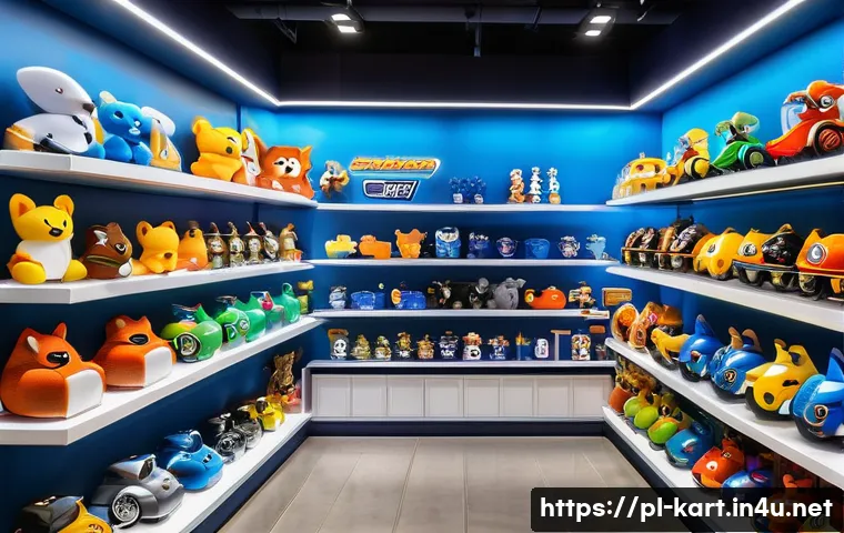 카트라이더 공식 굿즈 구매 방법 - A brightly lit, clean display showcasing a variety of official KartRider merchandise in a modern ret...