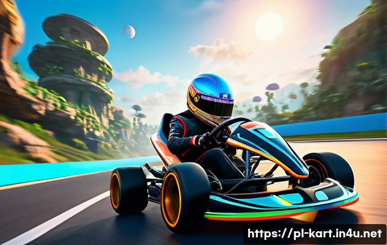 카트라이더 신규 업데이트와 커뮤니티 반응 - A dynamic, vibrant racing scene set in a fantastical, open-world environment. A sleek, customized ra...