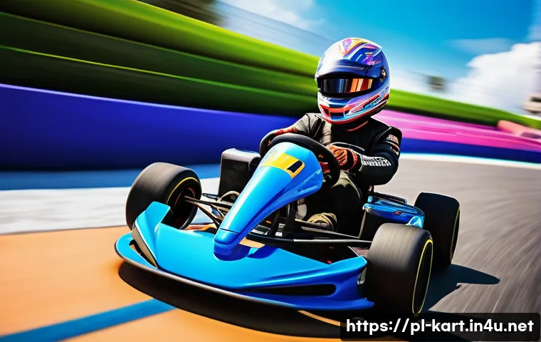 카트라이더 초보 유저의 게임 이해도 향상 - A dynamic kart racing scene set on a colorful, futuristic track inspired by popular arcade racing ga...