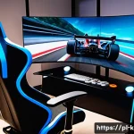 카트라이더 게임 설정 가이드 - A high-tech racing simulator setup featuring a sleek steering wheel and gamepad on a modern desk, wi...