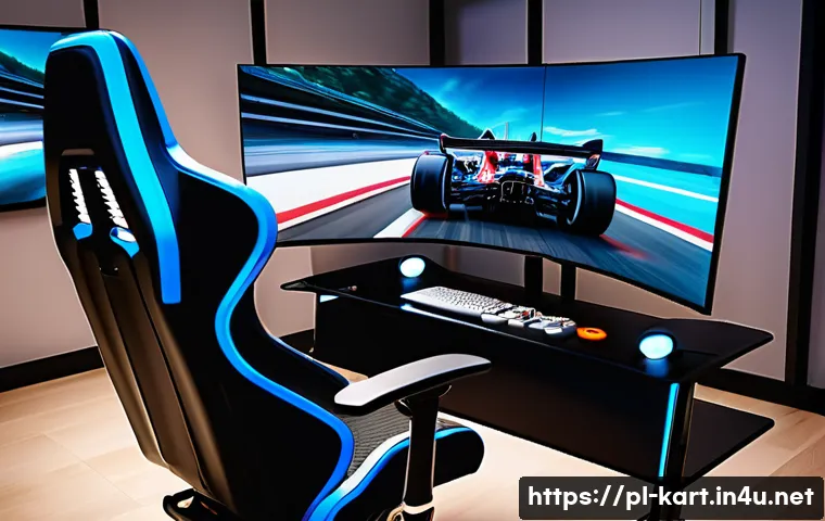 카트라이더 게임 설정 가이드 - A high-tech racing simulator setup featuring a sleek steering wheel and gamepad on a modern desk, wi...