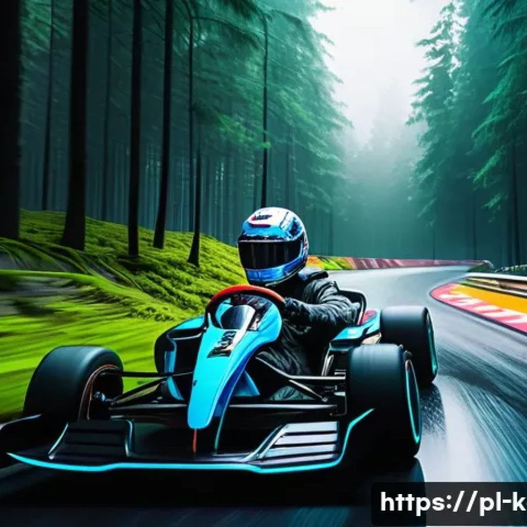 카트라이더 신규 출시 트랙 미리보기 - A vibrant futuristic racing track set in a lush forest environment, featuring a mix of smooth asphal...
