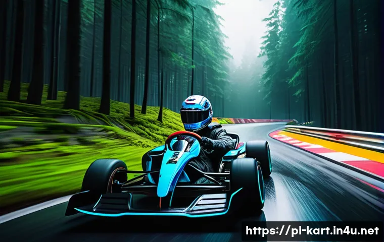 카트라이더 신규 출시 트랙 미리보기 - A vibrant futuristic racing track set in a lush forest environment, featuring a mix of smooth asphal...