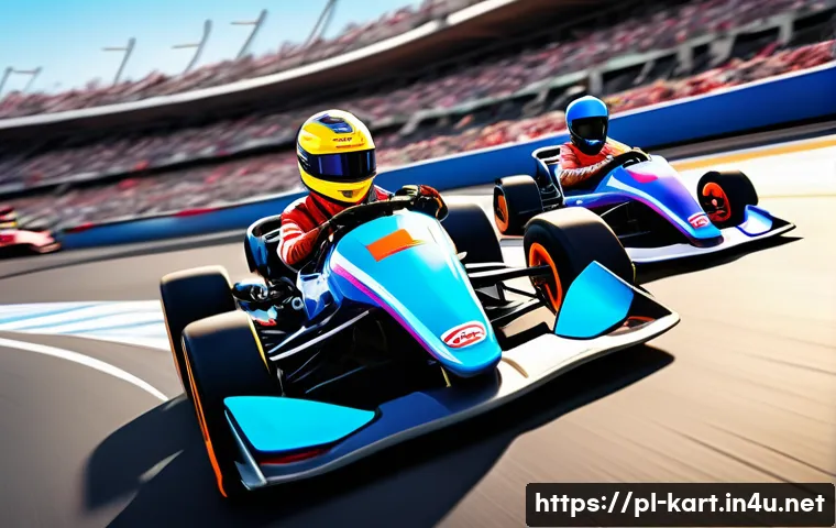 카트라이더 캐릭터 컬렉션 관리 - A dynamic racing scene featuring diverse cartoon-style characters in colorful racing karts, each wea...