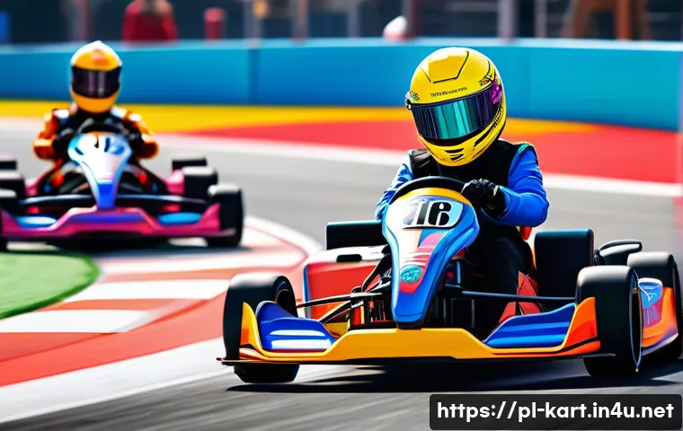 카트라이더 팀전 승리 공략 - A dynamic team kart racing scene on a vibrant, colorful track inspired by European cityscapes, featu...