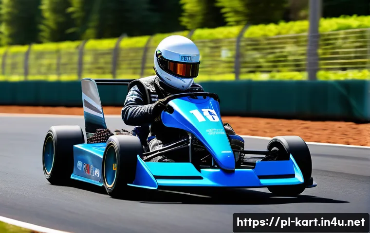 카트라이더 초보 유저를 위한 게임 공략 연습 - A sleek, futuristic racing kart named "Falcon" speeding along a winding race track under a bright bl...