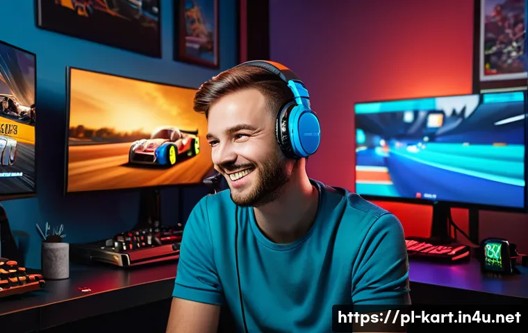 카트라이더 스트리머 추천 - A charismatic male streamer in his late 20s, sitting in a modern gaming setup with multiple monitors...