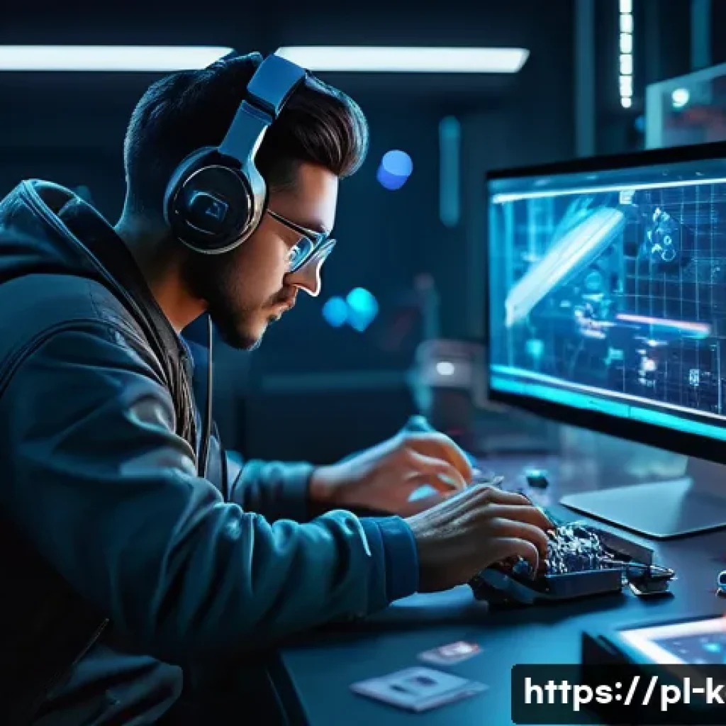카트라이더 아이템 합성 노하우 - A detailed scene of a futuristic workshop where a skilled gamer is carefully combining rare and base...