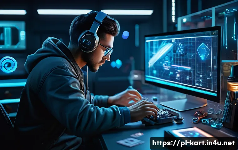 카트라이더 아이템 합성 노하우 - A detailed scene of a futuristic workshop where a skilled gamer is carefully combining rare and base...