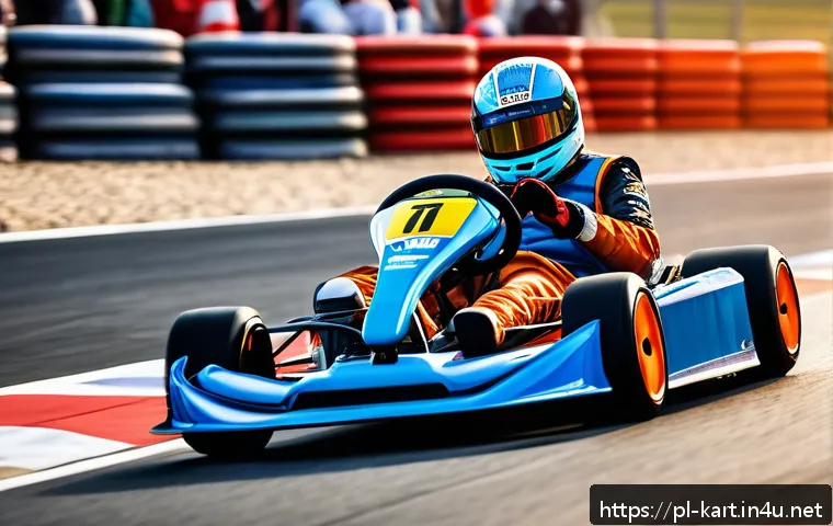 카트라이더 초보 유저의 게임 공략 성공 사례 - A dynamic racing scene on a colorful kart racing track inspired by KartRider, showing a skilled driv...