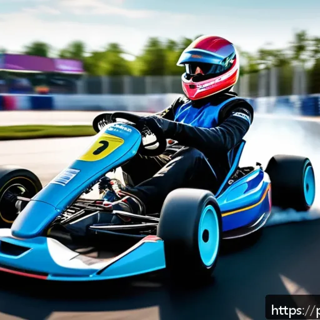 카트라이더 레이싱 전략 개발 - A dynamic racing scene on a futuristic kart track inspired by European urban landscapes, featuring a...