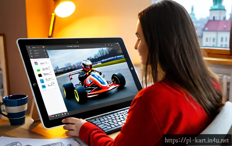 카트라이더 팬아트 대회와 글로벌 커뮤니티의 성장 - Photorealistic scene of a Polish digital artist in a bright Warsaw apartment studio creating colorfu...