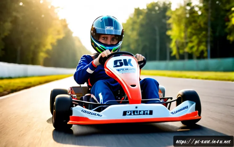 카트라이더 초보 유저의 성공 비법 - Photorealistic young adult beginner practicing kart racing on a clean outdoor track, seated in a col...