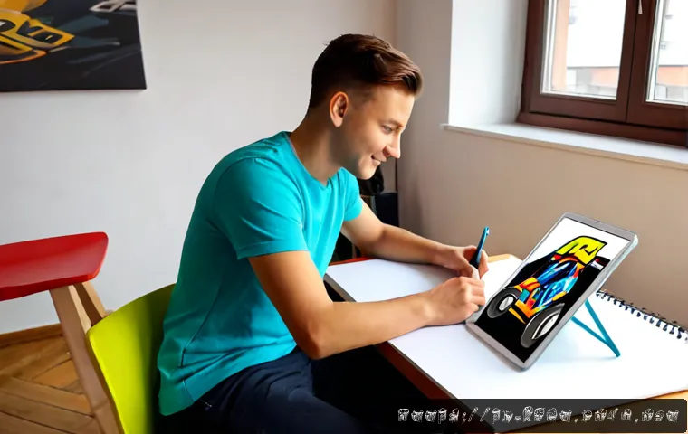 카트라이더 팬아트 대회의 재미와 성공적인 요인 - Photorealistic scene of a young Polish digital artist creating colorful cartoon go-kart racing fan a...