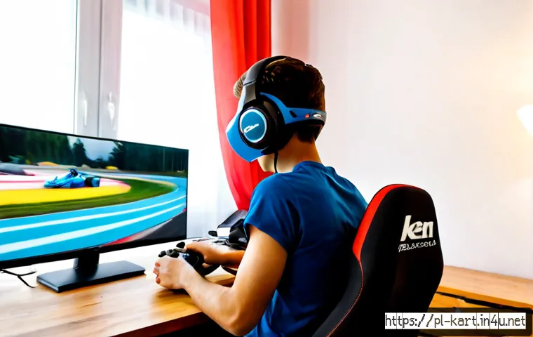 Home 17 카트라이더 초보자에게 유용한 팁 - Photorealistic Polish home gaming setup for a beginner kart racing player, focused young adult holdi...
