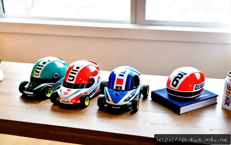 Home 17 카트라이더 공식 굿즈 리스트 - Photorealistic flat-lay of a polished kart racing merchandise collection on a clean wooden table in ...
