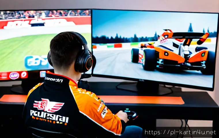 카트라이더 글로벌 대회 준비 - Photorealistic esports training room in Warsaw, Poland, a focused young adult racer practicing a col...