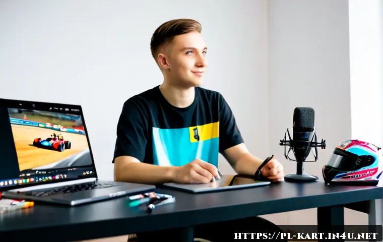 Home 17 카트라이더 팬아트 대회 참가자 인터뷰 - Photorealistic editorial interview scene in a bright Polish esports community studio, a young adult ...